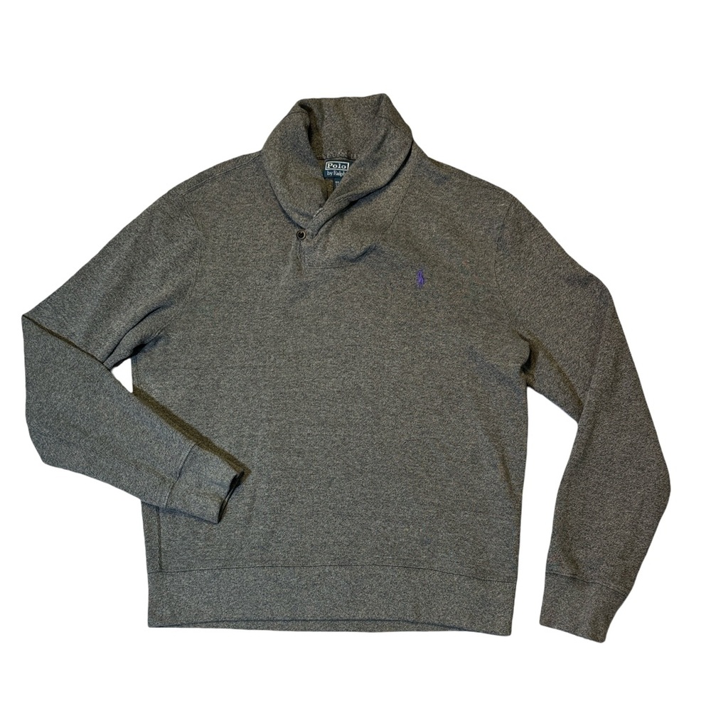Polo Ralph Lauren mens L Large gray solid shawl collar 100% cotton sweater EUC